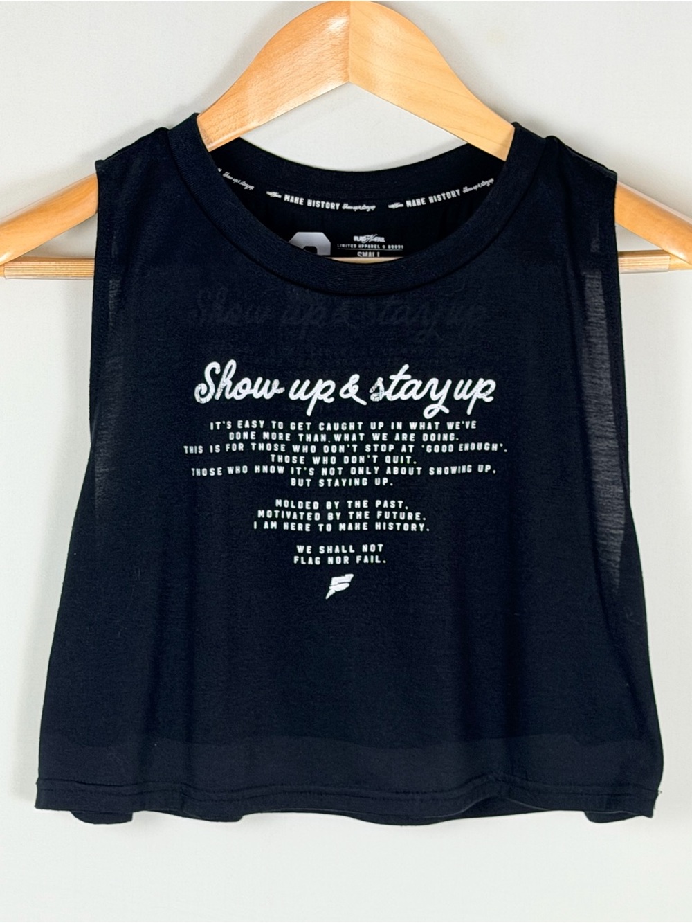 Flag Nor Fail Black Cropped Tank Top Graphic “Show Up Stay Up” Small